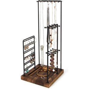 Jewelry Organizer Stand, Black Metal Jewelry Tree Display Holder with Wood Tray